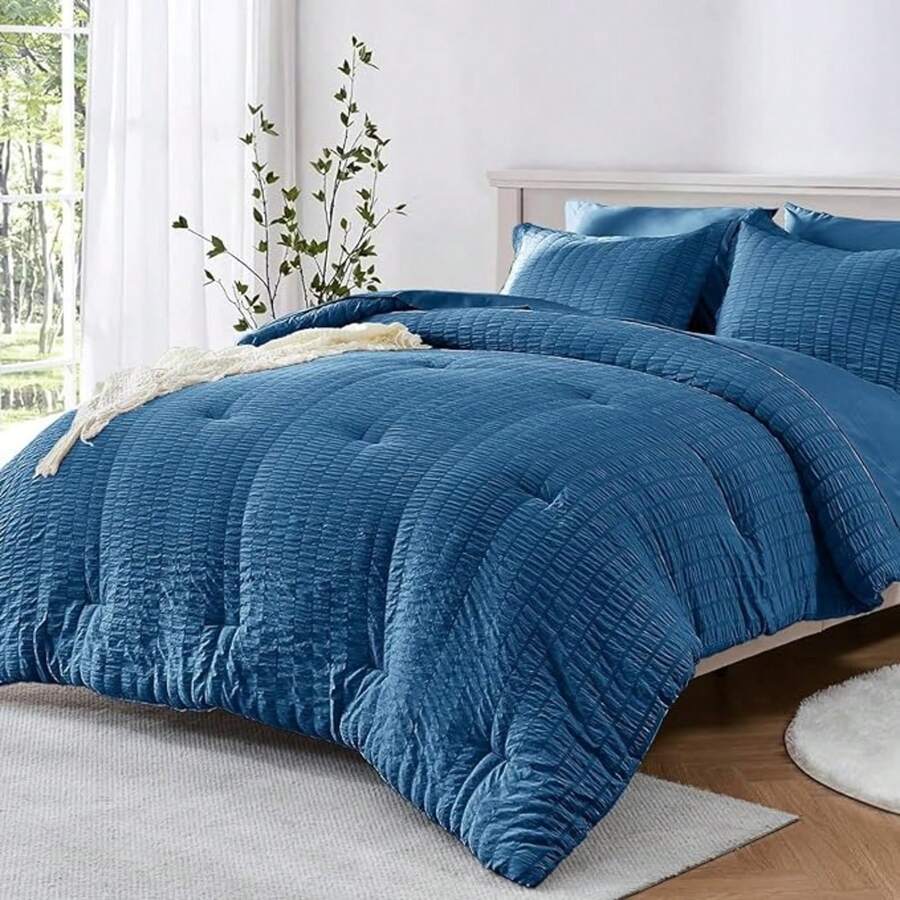 Seersucker Queen Comforter Set 3 Pieces, Lightweight Comforter Sets For Bedding, Bed Set With 1 All Season Soft Down Alternative Comforter And 2 Pillow Shams, Beige - Màu xanh hải quân - Xem 1