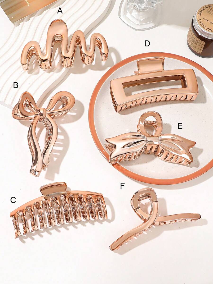 Lobaba 1入優雅極簡風格的玫瑰金色發卡，具有光澤表面、蝴蝶結、波浪和正方形，適用於厚髮質，鏡面般光澤，非常適合派對和頭飾。 - 玫瑰金 - 查看 1