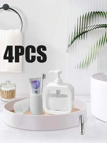4 件套浴室套装，包括牙刷杯、液体皂液瓶、香水喷雾器和清洁棉签盒。适合家庭和浴室使用。皂液器、漱口杯、可再填充的洗手液和乳液容器以及漱口杯。 - 彩色 - 查看 1