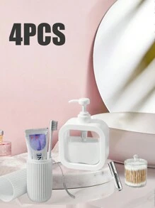 4 件套浴室套装，包括牙刷杯、液体皂液瓶、香水喷雾器和清洁棉签盒。适合家庭和浴室使用。皂液器、漱口杯、可再填充的洗手液和乳液容器以及漱口杯。 - 彩色 - 查看 6