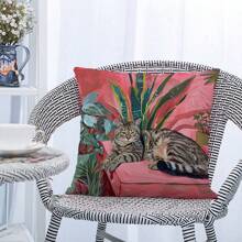 1pc Cat & Greenery Watercolor Printed Pillow Case, Home Decorative Cushion Cover For Sofa
