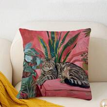1pc Cat & Greenery Watercolor Printed Pillow Case, Home Decorative Cushion Cover For Sofa