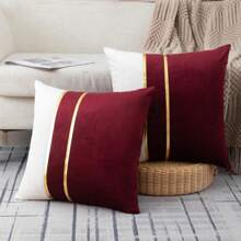 1pc Burgundy & White Velvet Patchwork With Gold Leather Stripes Throw Pillow Cover, Square Cushion Cover, Holiday Home Decorative Soft & Comfortable Fabric, Modern Sofa Decor, For Household Bedroom & Dorm Use