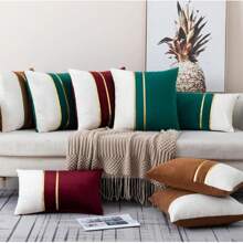 1pc Burgundy & White Velvet Patchwork With Gold Leather Stripes Throw Pillow Cover, Square Cushion Cover, Holiday Home Decorative Soft & Comfortable Fabric, Modern Sofa Decor, For Household Bedroom & Dorm Use