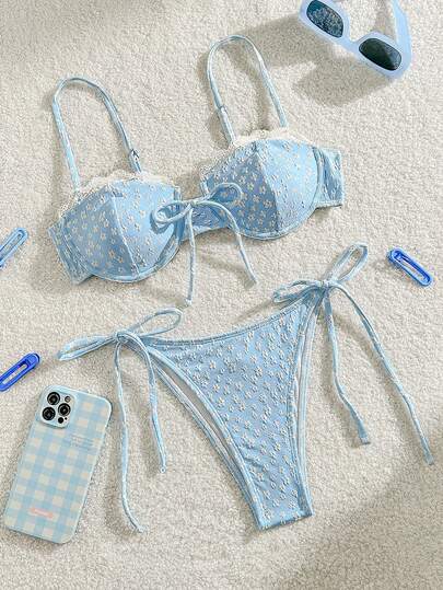 Bikinx 甜美性感花卉印花蕾丝钢圈比基尼套装，适合海滩度假夏季