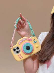 Cute Silicone Camera Shape With Phone Charm 3D Cartoon Camera Shape Phone Strap Holder Compatible With IPhone 14/ Compatible With IPhone 15 Pro Max/New 13 Pro/12/14 Pro Silicon Protective Case, Cute Design For Women Waterproof Shockproof Anti-Fall Scratch Resistant Spring Birthday Gift - Yellow - View 3