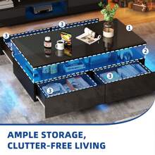 Modern High Gloss Coffee Table With LED Lights & 4 Sliding Drawers Center Cocktail Table For Living Room - Black - View 3