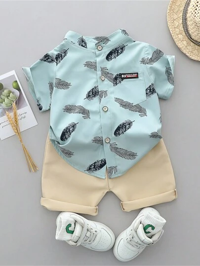 Baby Boy Summer Feather Print Shirt And Shorts Set