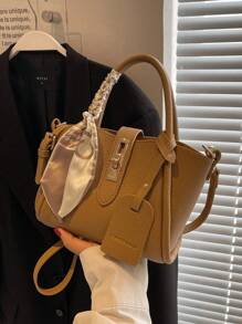 1pc Fashionable And Simple PU Shoulder/Crossbody/Handbag With Buckle And Scarf, For Daily Use - Khaki - View 6