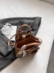 1pc Fashionable And Simple PU Shoulder/Crossbody/Handbag With Buckle And Scarf, For Daily Use - Khaki - View 3