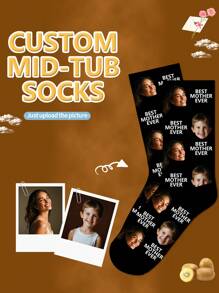 1pair Personalized Custom Text 'Face' Women's Mid-Calf Socks With 'Best Mother Ever' Photo And Custom Text Funny Socks, Interesting Custom Image Couple Knee-Length Socks, Suitable For Father's Day, Birthday Gifts And Other Occasions,Dawg,Colorful,Cute,Adorable,Contracted,Funny,Custom,Unique,Customized,Personalized,Ideal Gifts For Him,Ideal Gifts For Her,Boyfriend,Girlfriend,Family,Friends,Grandparents,Her