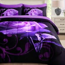 7 Pieces Purple Comforter Set Queen King Size , Rose Pattern Bed In A Bag, Lightweight Soft Microfiber Bedding Sets With Comforter, Flat Sheet, Fitted Sheet, Pillowcases Home Decor Room Decor Bedroom Decor Bed Comforter Set Mothers Day Gift Wedding Decorations. - 紫色 - 查看 1