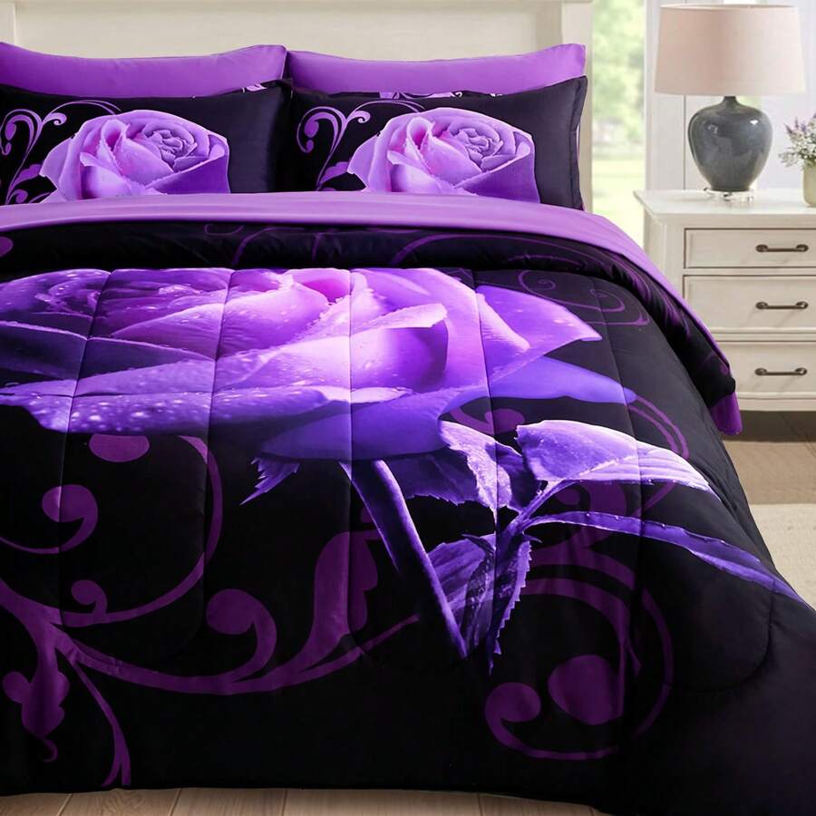 7 Pieces Purple Comforter Set Queen King Size , Rose Pattern Bed In A Bag, Lightweight Soft Microfiber Bedding Sets With Comforter, Flat Sheet, Fitted Sheet, Pillowcases Home Decor Room Decor Bedroom Decor Bed Comforter Set Mothers Day Gift Wedding Decorations. - 紫色 - 查看 1