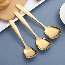 Stainless Steel Flat Bottom Spoon, Creative Square-Headed Thickened Ladle With Chinese-Style Sweet Soup Spoon, For Household Use - Gold - View 4