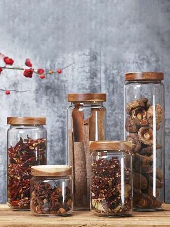 1 个带木盖和密封球的玻璃罐，透明糖果/食品储存罐，带密封软木软木圆塞，用于储存香料、盐、糖、咖啡、茶、玻璃瓶