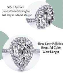 1pc Luxury Water Drop Shape 3ct Cubic Zirconia Wedding Band Made Of 925 Sterling Silver, Fine Jewelry For Women Bridal Party Engagement - White - View 4