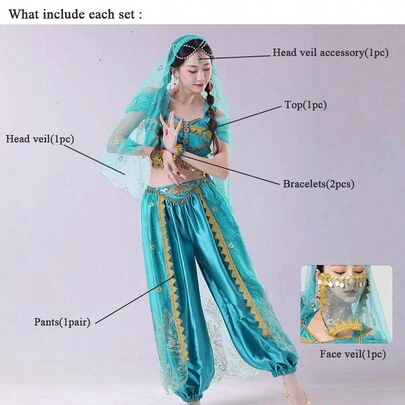 万圣节表演服装，异域风情肚皮舞公主套装，包含裤子、上衣、头巾、面纱、手镯（春季款）