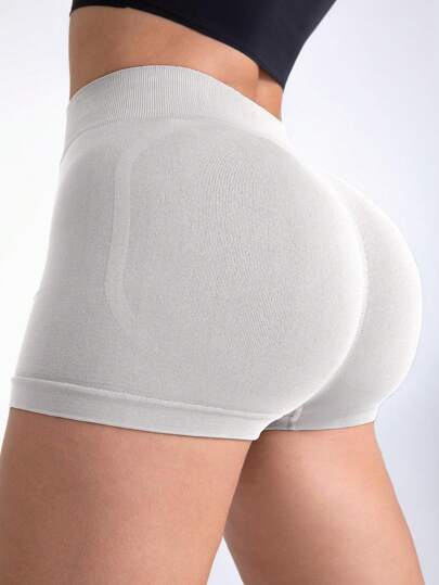 1 pieza shorts de yoga sin costuras para mujeres, cintura alta, elásticos, levantamiento de glúteos, shorts deportivos sólidos para mujeres