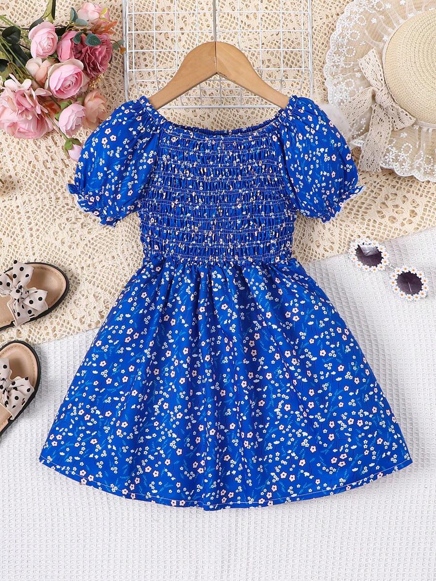 夏季短袖花卉印花年輕女孩休閒橄欖綠中長裙 - 藍色 - 查看 1