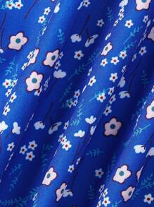 夏季短袖花卉印花年輕女孩休閒橄欖綠中長裙 - 藍色 - 查看 6