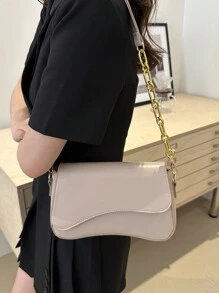 Minimalist Solid Color Shoulder Flap Bag, Classic Textured Crossbody Bag Purse For Women - Khaki - View 3