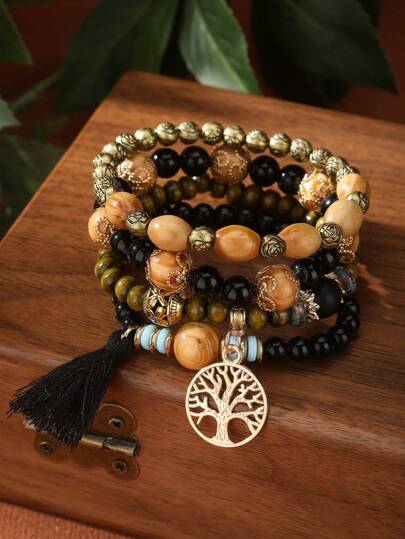 4pcs/Set Bohemian Style Tassel Life Tree Pendant Multi-Layer Wooden Bead Chain Bracelet