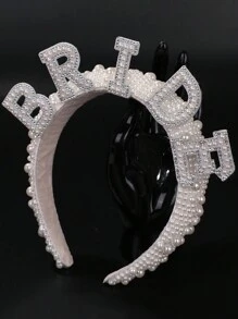 1件新款欧美新娘仿珍珠头饰面纱手工串珠发饰，适用于婚礼、派对、情人节配饰 - 白色 - 查看 7