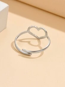 1 件精致空心心形不锈钢可调节戒指，简约心形设计，适合日常佩戴 - 銀色 - 查看 8
