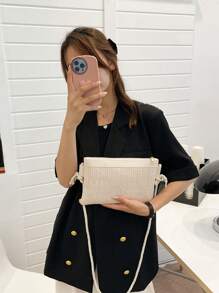 Weaving Crossbody Bag Fashion Ladies Wristlet Clutch Women Shoulder Bag Daily Money Phone Clutch Solid Straw Woven Coin Purse Beach Wallet Card Holder - Beige - View 3