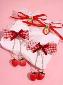 2 件/对白色蕾丝红格子蝴蝶结草莓边发夹，可爱草莓边发夹情人节情人爪夹发夹发夹