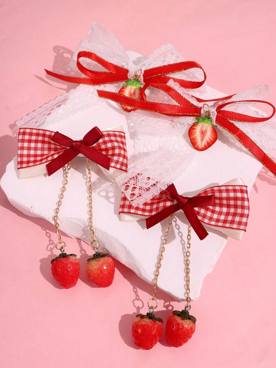 2 件/对白色蕾丝红格子蝴蝶结草莓边发夹，可爱草莓边发夹情人节情人爪夹发夹发夹