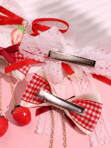 2 件/对白色蕾丝红格子蝴蝶结草莓边发夹，可爱草莓边发夹情人节情人爪夹发夹发夹