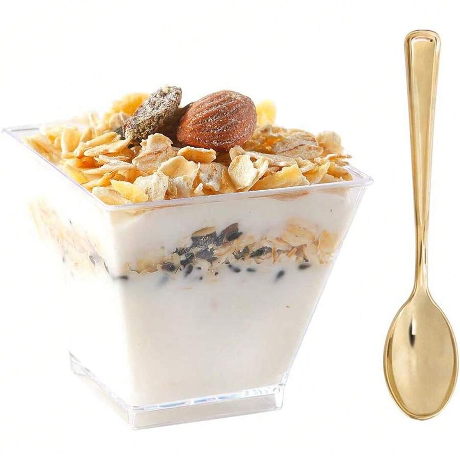 Supernal 2oz Square Plastic Mini Dessert Cups With Gold Spoons,Parfait Appetizer Cup,100pcs Cups,100pcs Gold Spoons,Perfect For Birthday,Party,Wedding, For Christmas Party