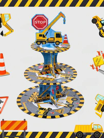 1 set suport pentru tort cu tematică de mașini inginerești, suport pentru cupcake din carton cu 3 niveluri pentru petrecere de ziua de naștere, consumabile pentru petrecere de ziua de naștere, decorațiuni pentru tort de bucătărie, decor de masă