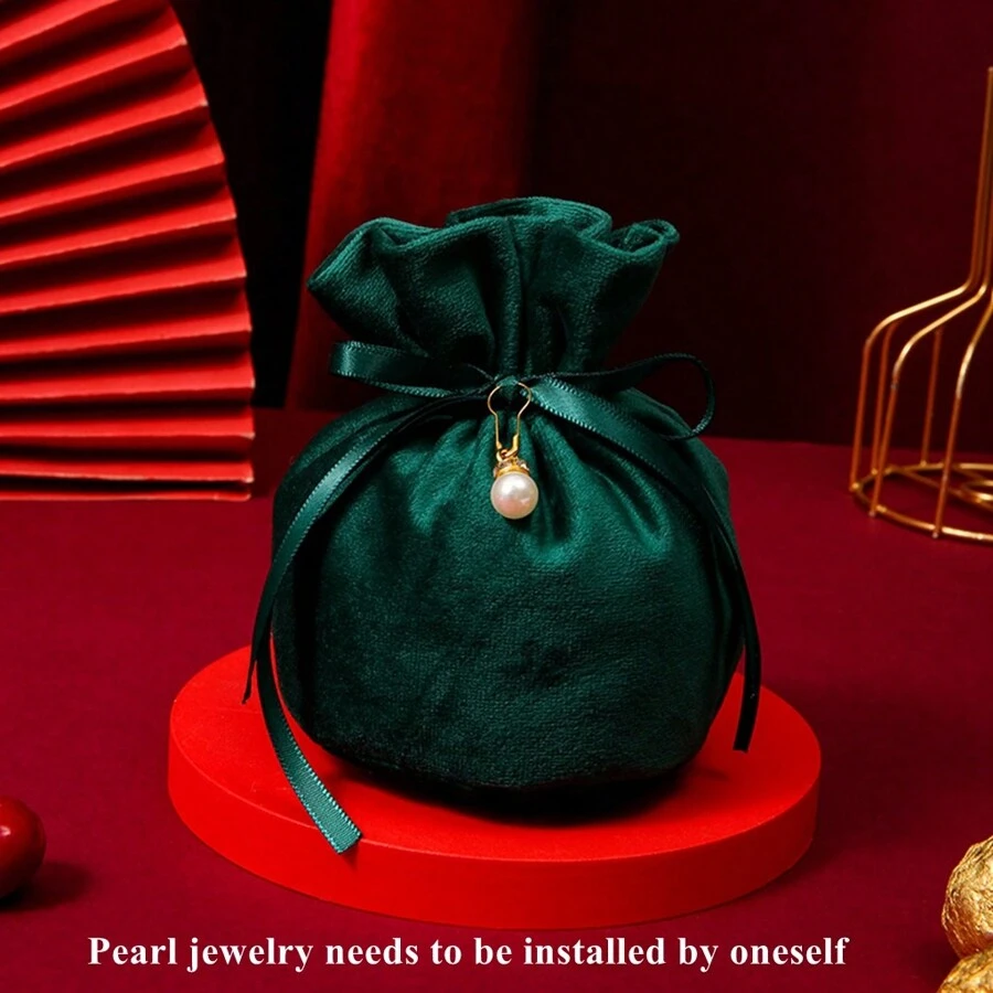 深綠色絨布拉繩禮品袋，適用於烘焙包裝、婚禮、派對、糖果等場合，尺寸L，廚房沙烏地 - 墨綠色 - 查看 1