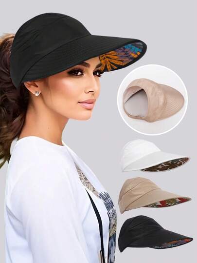 1pc Simple & Fashionable Wide Brim Sun Hat, Bohemian Style Ponytail Baseball Cap, Outdoor UV Protection Face Shield Sunhat For Summer