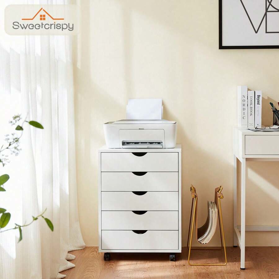 Sweetcrispy 5 Drawer Chest, Wood Storage Dresser File Cabinet Organizer With Wheels Under Desk For Bedroom Home Office - White - View 1
