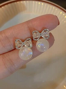 Bộ 5 đôi bông tai nơ ngọc trai giả sang trọng, thanh lịch, phong cách Pháp, ngọt ngào, cá tính cho ngày lễ tình nhân - Bạc - Xem 5