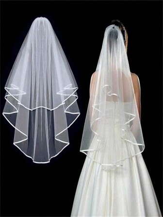 White Bridal Veil,Double-Layer Simple EdgingRibbon Shape,Lightweight Veil WeddingAccessories Elegant Bow