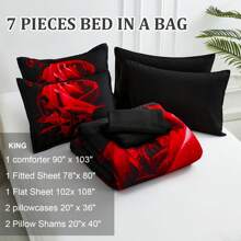 7 Pieces Red Comforter Set Queen King Size , Rose Pattern Bed In A Bag, Lightweight Soft Microfiber Bedding Sets With Comforter, Flat Sheet, Fitted Sheet, Pillowcases Home Decor Room Decor Bedroom Decor Bed Comforter Set Mothers Day Gift Wedding Decorations. - 紅色 - 查看 8