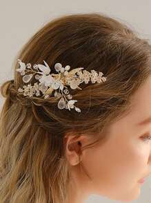 1 件优雅手工花朵装饰发夹，女士新娘婚礼派对配饰 - 金色 - 查看 2