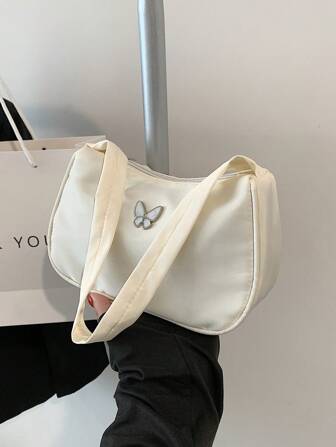 2024 New White Shoulder Bag, Fashion Elegant Metal Butterfly Decor, Lightweight Versatile Handbag, Fresh Stylish Girl Street Snapshot Underarm Bag