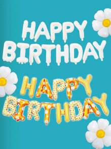 Globo de letra de Cumpleaños Feliz de 16 pulgadas en color blanco con patrón de margaritas, banner de cumpleaños en blanco para decoraciones de fiesta - Blanco - Ver 2
