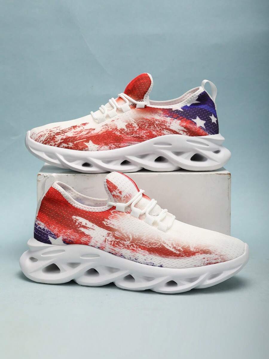 Zapatillas de plataforma con cordones gráficos y estilo de bandera para hombres, cómodas, ligeras, transpirables, con absorción de impactos y resistencia al desgaste, adecuadas para fitness en interiores y deportes al aire libre - Rojo - Ver 1