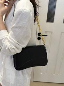 Bolso de solapa de hombro de unicolor minimalista, bolso clásico de bandolera con textura para mujer