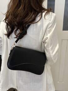 Bolso de solapa de hombro de unicolor minimalista, bolso clásico de bandolera con textura para mujer