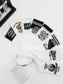 8 Pairs Men's Personality Letter Striped Street Style Skateboard Students Sports Mid-Calf Socks, Unisex