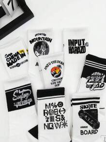 8 Pairs Men's Personality Letter Striped Street Style Skateboard Students Sports Mid-Calf Socks, Unisex