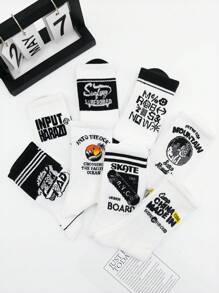 8 Pairs Men's Personality Letter Striped Street Style Skateboard Students Sports Mid-Calf Socks, Unisex