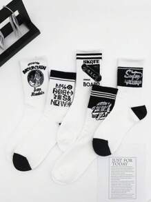 8 Pairs Men's Personality Letter Striped Street Style Skateboard Students Sports Mid-Calf Socks, Unisex